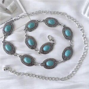 Women Turquoise Concho Chain Belt Western Cowgirl Waist Chain Oval Metal Link